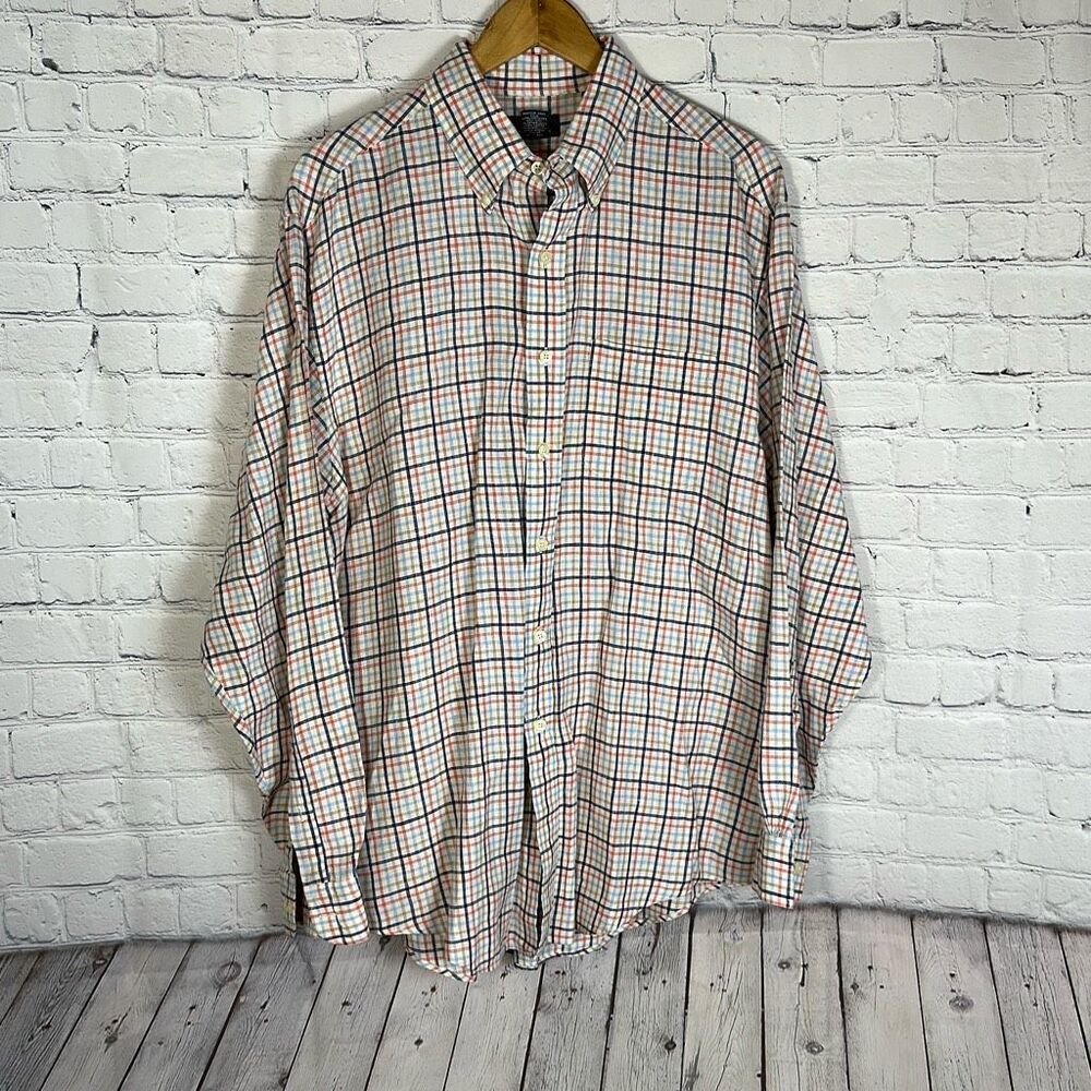 Brooks Brothers 346 Mens Large Linen Button Down Shirt Plaid Tattersall Check
